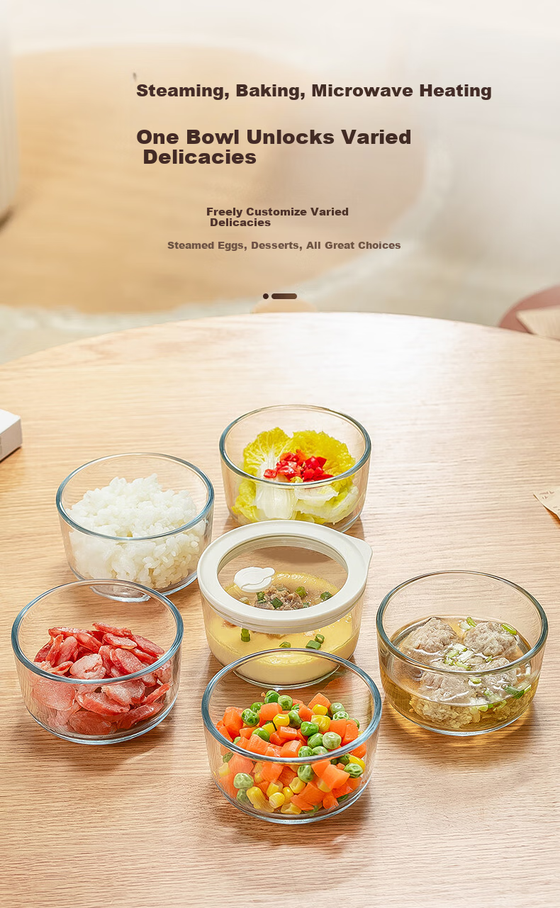 CRISTALGLASS Microwave Electric Steamer Glass Egg Steaming Bowl with Lid Baby Steamed Egg Bowl Single Serving Small Bowl for Steamed Meals 9