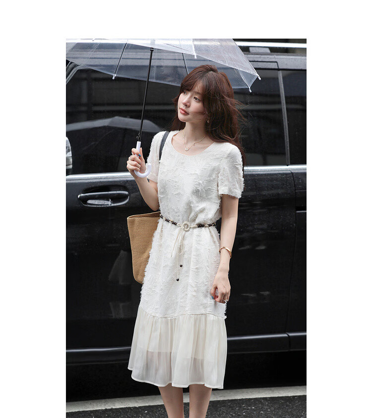 MT French Jacquard Art Summer Elegant U-Neck Patchwork Straight Dress Long Petite Women's Dress 9