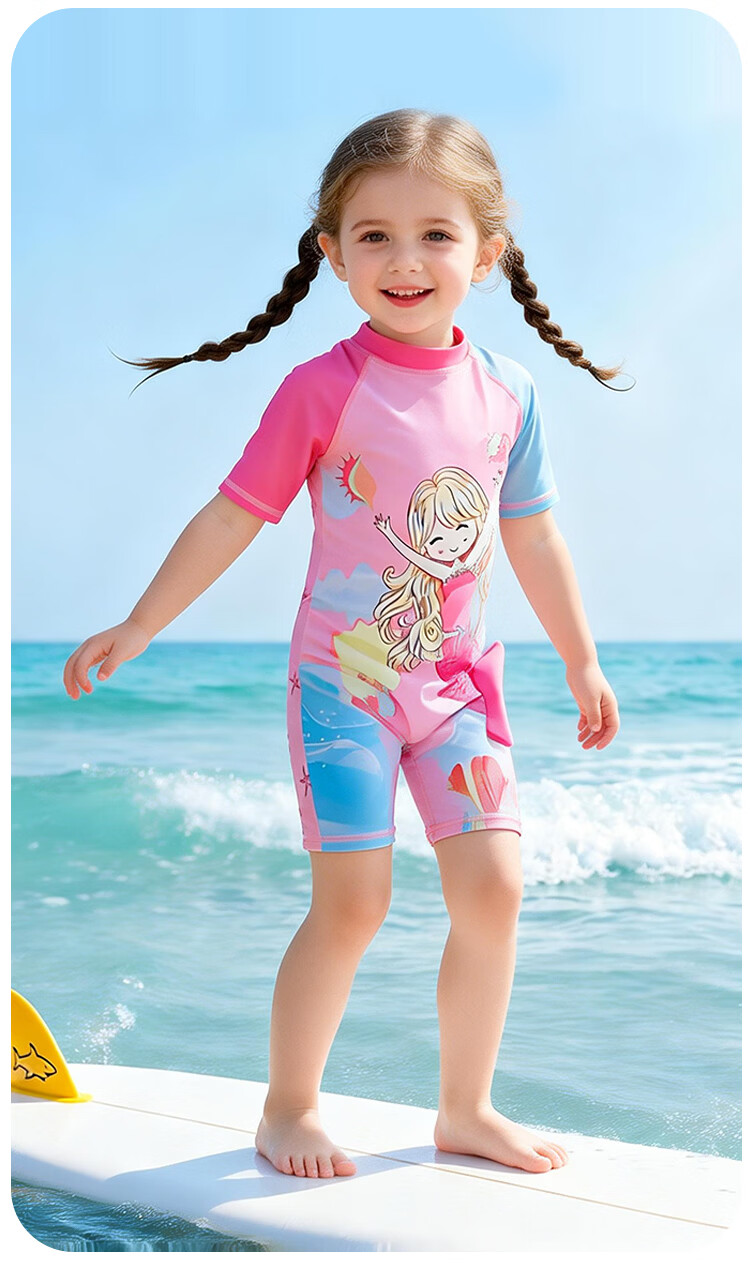 9i9 Kids Girls One-Piece Hooded Mermaid Fairy Tale Sun Protection Quick-Dry Hot Spring Swimsuit B102 Peach Blue M 5
