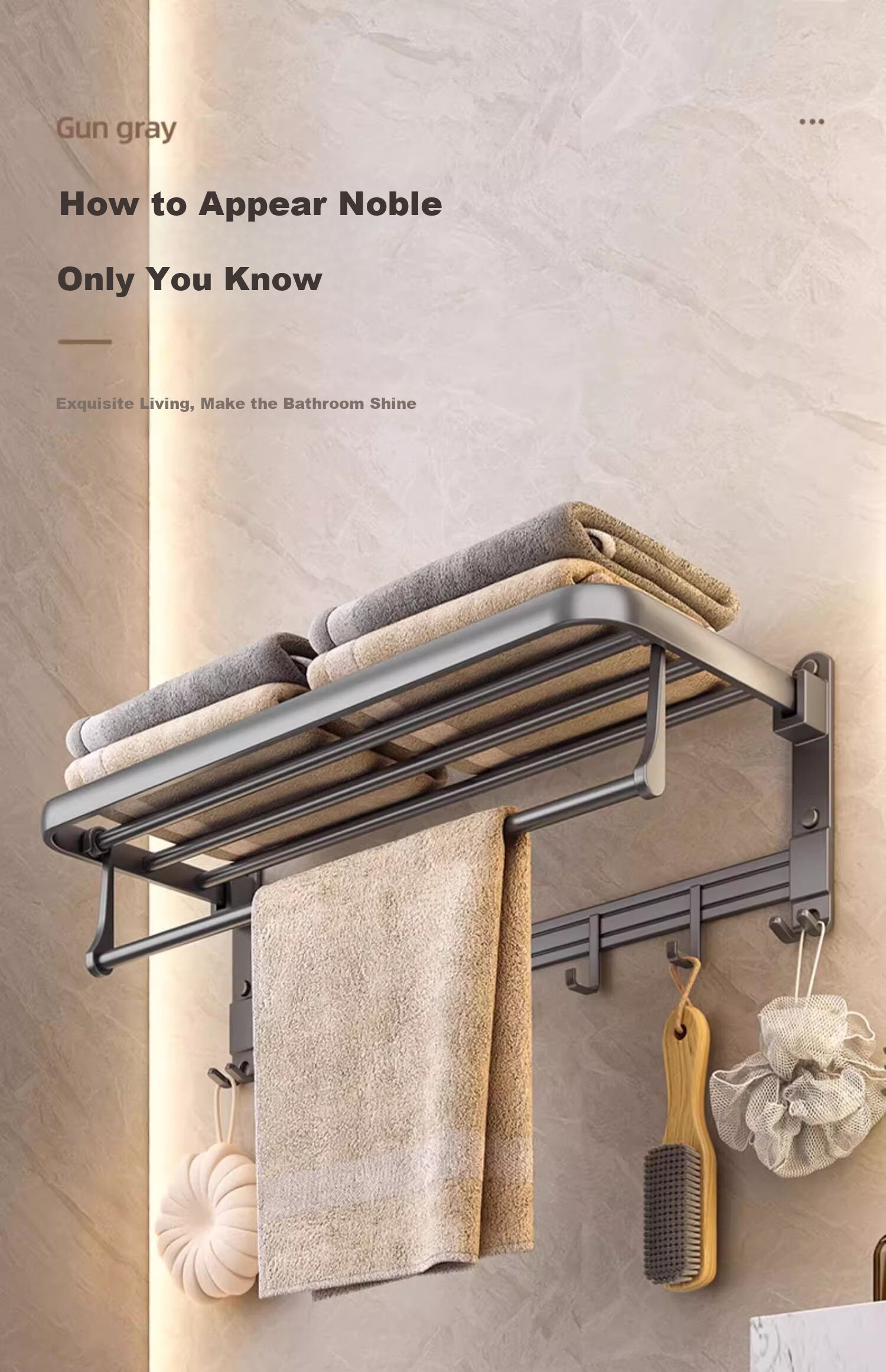 Youqin Gunmetal Towel Rack Bathroom No-Drill Towel Storage Rack Wall-Mounted Space Aluminum Bathroom Toilet Hanging Rod 4