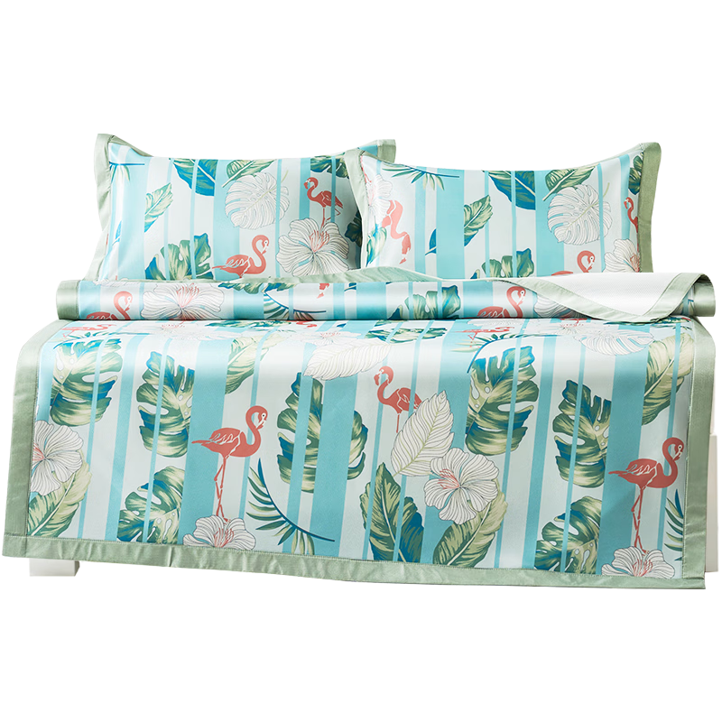 Fuanna Ice Silk Mat Washable Cooling Printed Double Foldable Ice Silk Mat Three-Piece Set 1.5m×2m