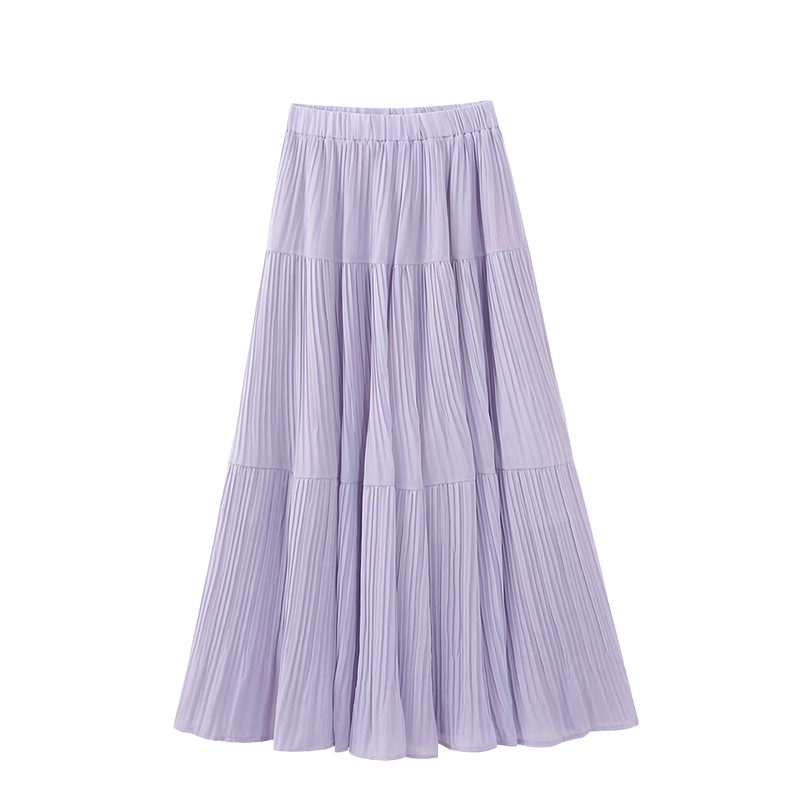 Langsha Pleated Mesh Midi Skirt for Women Spring Summer Draped Chiffon Cake Skirt High Waist Slim A-Line Flared Skirt
