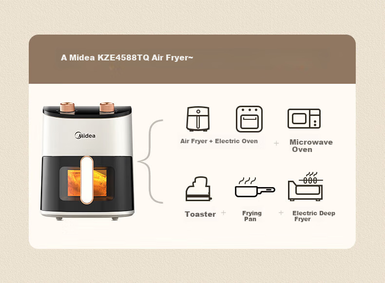 Midea Air Fryer 4.5L Home Use Visible Large Capacity Fully Automatic No Flip Oven Dual Knob Easy Control [KZE4588TQ] Offline Model 4
