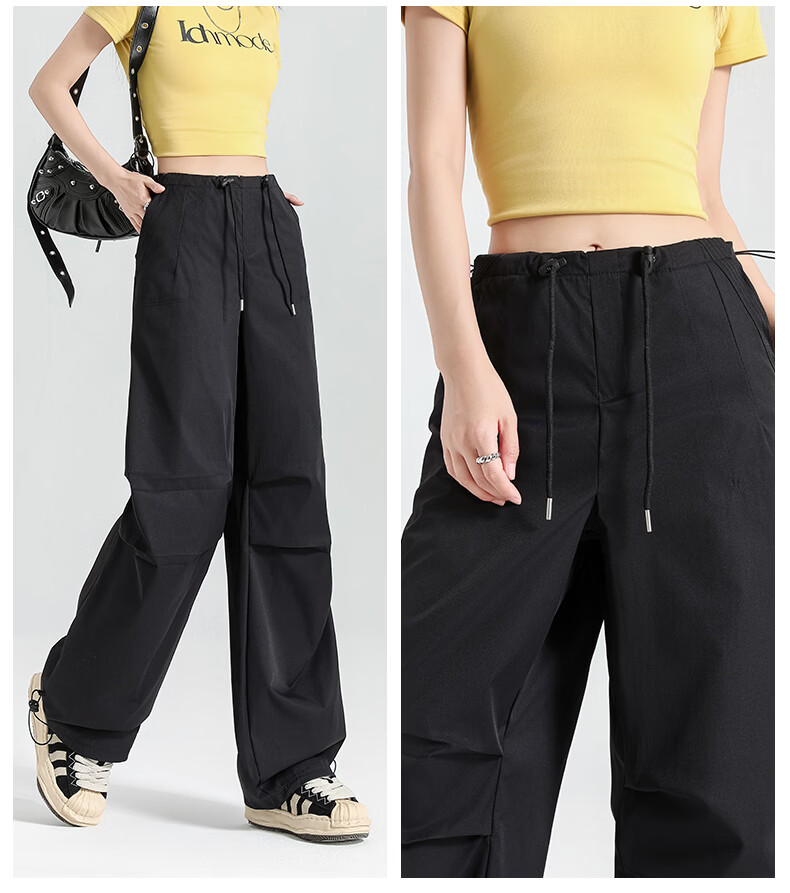 Langsha Women's American Style Parachute Work Pants Summer Thin Quick-Dry Sports Straight-Leg Sun-Protective Hiking Casual Wide-Leg Pants 27