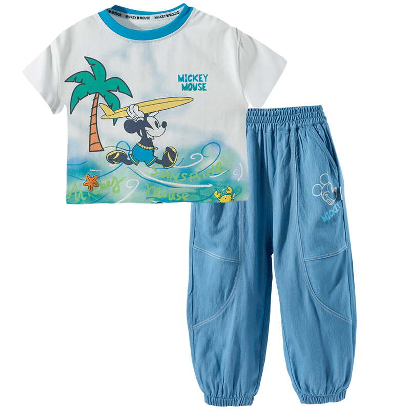 Disney Cooling Short Sleeve T-Shirt and Lightweight Breathable Anti-Mosquito Long Pants Set for Boys Summer New Ice Feeling Set Blue White 130