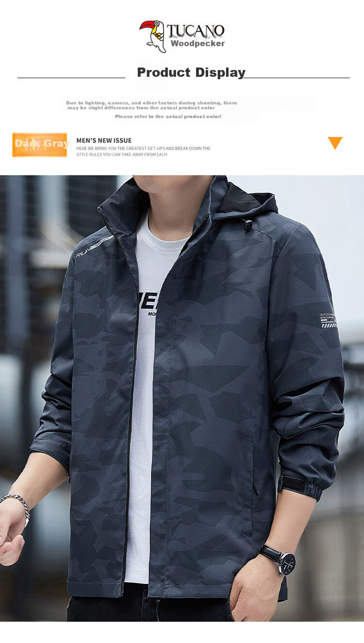 TUCANO Men's Jacket Casual Outdoor Hooded Windproof Coat Dark Gray M 4