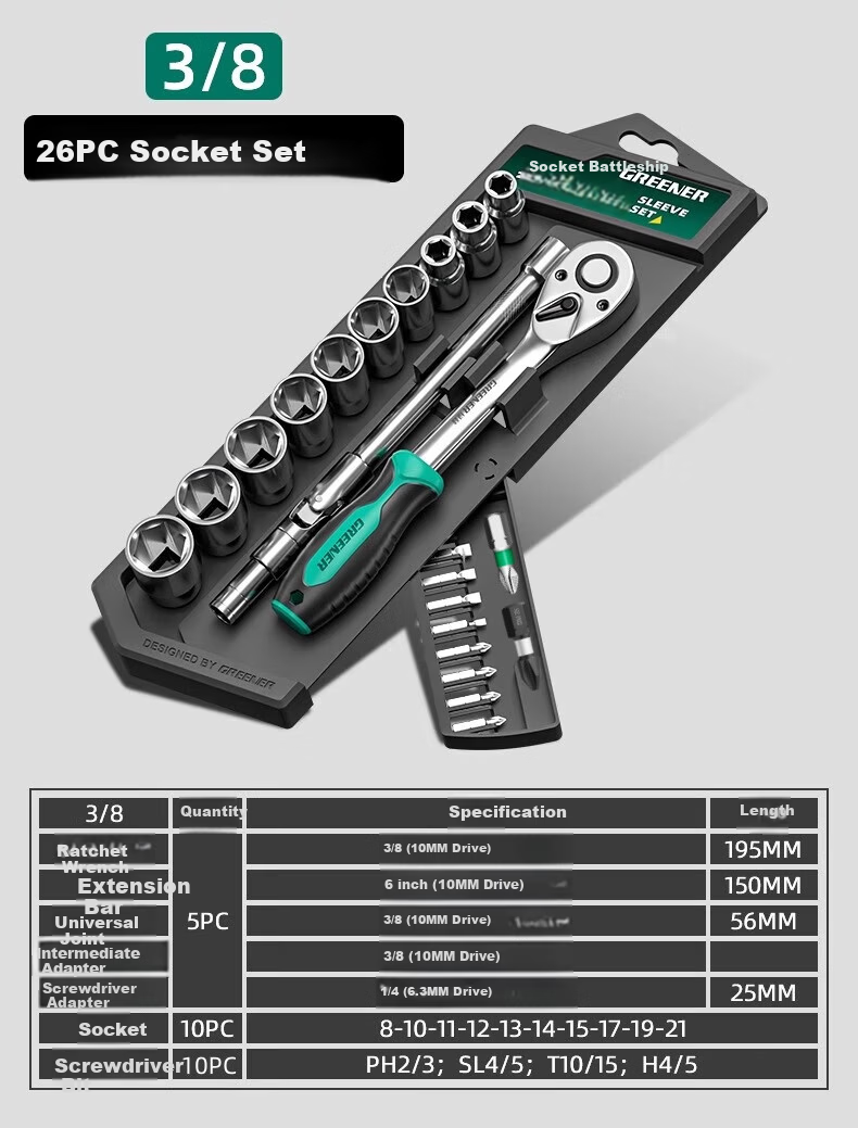 GREENER Ratchet Socket Wrench Hexagon Multifunctional Combination Set Quick Torque Tool 27-Piece Kit 19