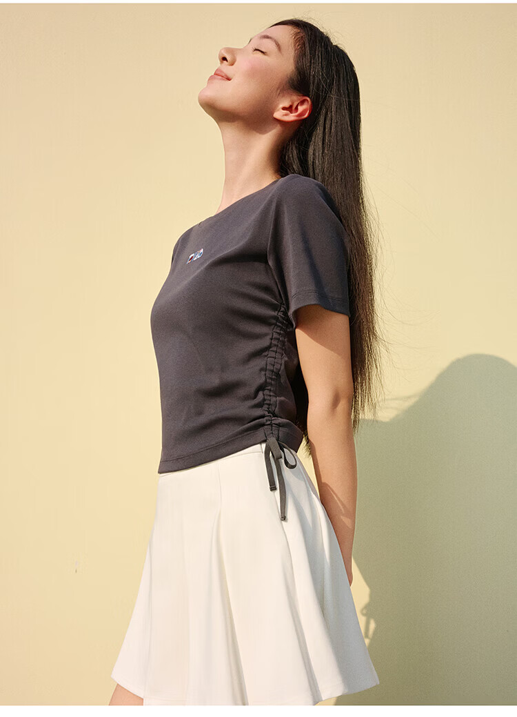 FILA Yang Mi Same Style Knitted Short Sleeve Shirt Women 2026 Summer Side Drawstring Fashion Casual Embroidered Logo Slim T-Shirt 16