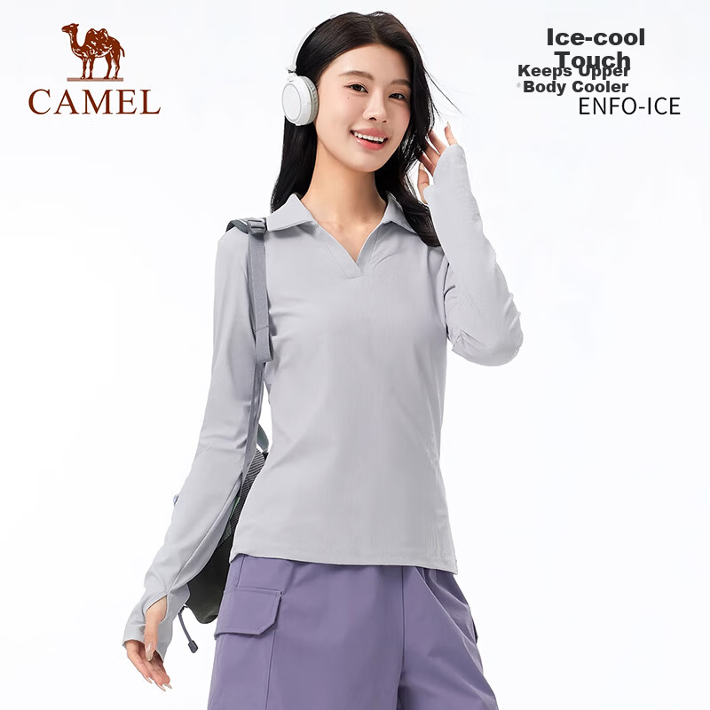 CAMEL 【UPF1000+】 Women's Outdoor Quick-Dry Polo Shirt, Spring Long Sleeve V-Neck, Cooling Breathable Sun Protection T-Shirt, XL
