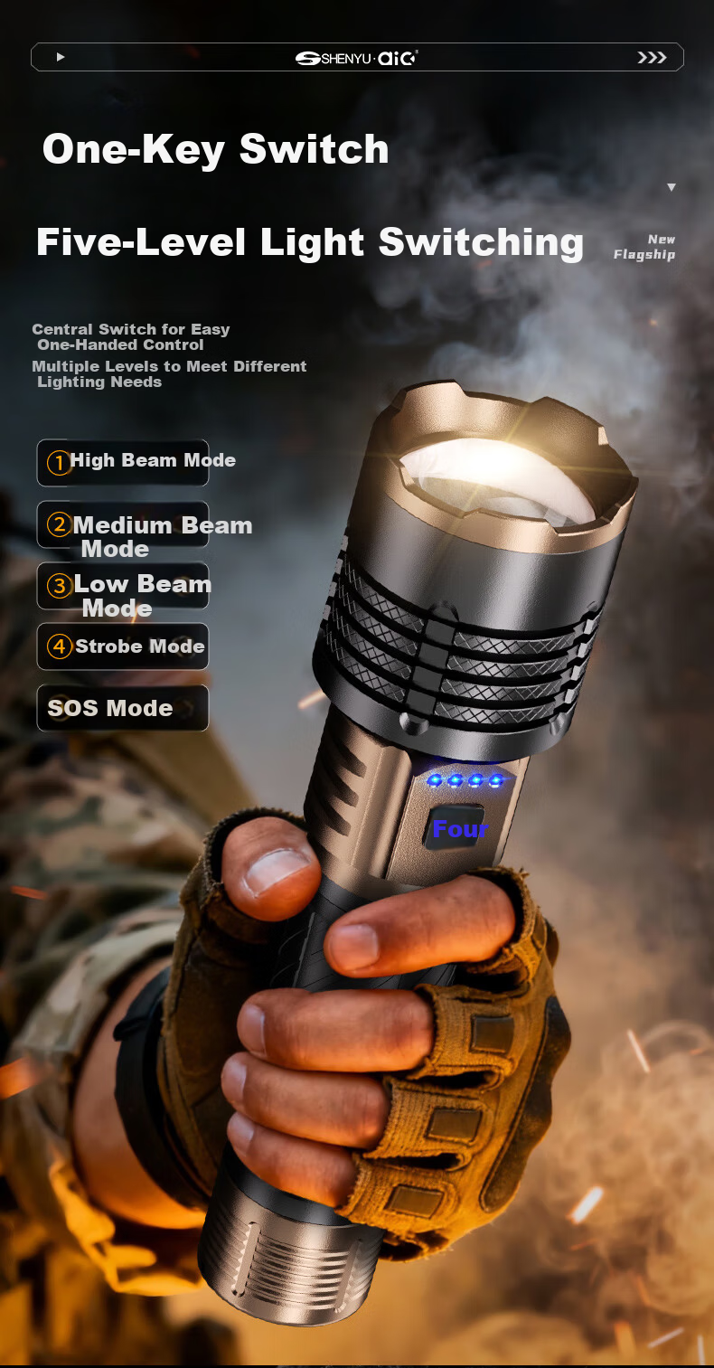 AIC High-Power Flashlight Long Battery Life Outdoor Survival Large Capacity Rechargeable Long-Range Tactical Torch 9
