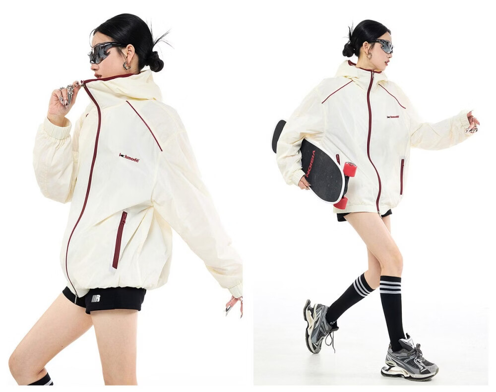 ICH MODE Colorblock Physical Sunscreen Jacket Women Spring Summer New Hooded UV Protection Coat Light Blue M 28