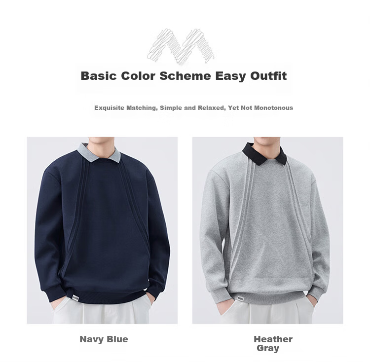 MARK FAIRWHALE Men's Sweatshirt Spring and Autumn Loose Casual Two-in-One Long Sleeve T-Shirt Men's Trendy Jacket Navy Blue XL 3