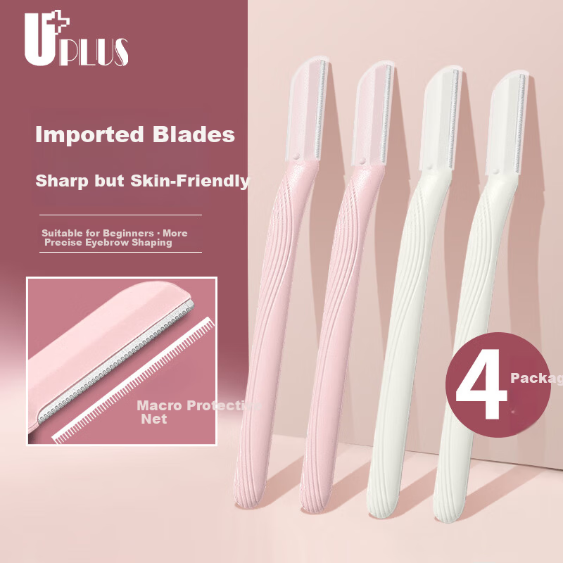 UPLUS Eyebrow Razor with Imported Stainless Steel Blades, 4 Pieces, White + Pink