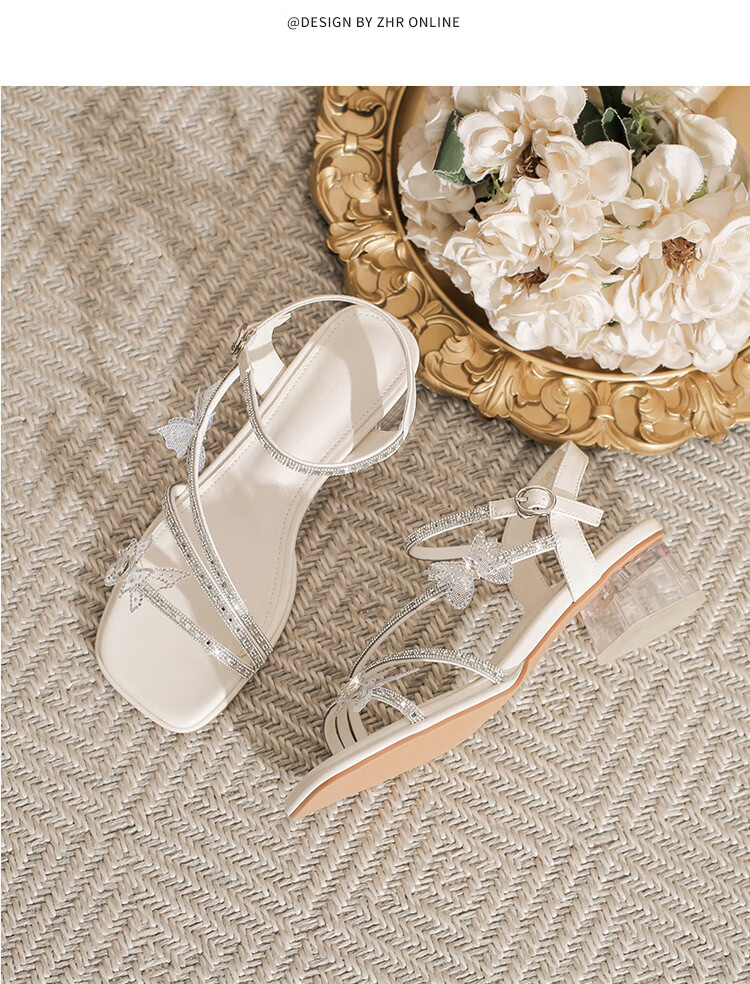 ZHR Women's Summer New French Style Rhinestone Chunky Heel Sandals Butterfly Strap Slip-On Sandals KN328 Silver Size 35 15