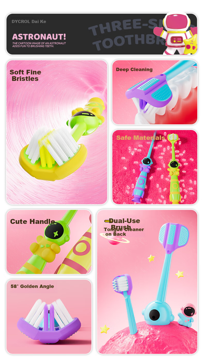 DYCROL Children's Soft Bristle Toothbrush Triple-Sided 6-12 Years Old Toothbrushing Tool Triple Efficiency 2-Pack (Color Random) 2