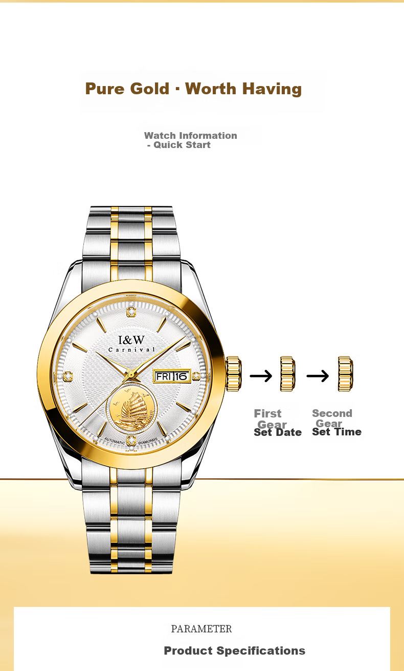 Aiworchi Men's Pure Gold 999 Automatic Mechanical Watch Swiss Top 10 Brand Luxury New Year Gift 16