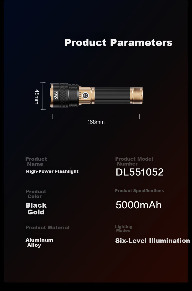 Deli Flashlight High Brightness Zoomable Long-Range Laser Compact Ultra-Long Battery Rechargeable for Home Military Outdoor Survival 9