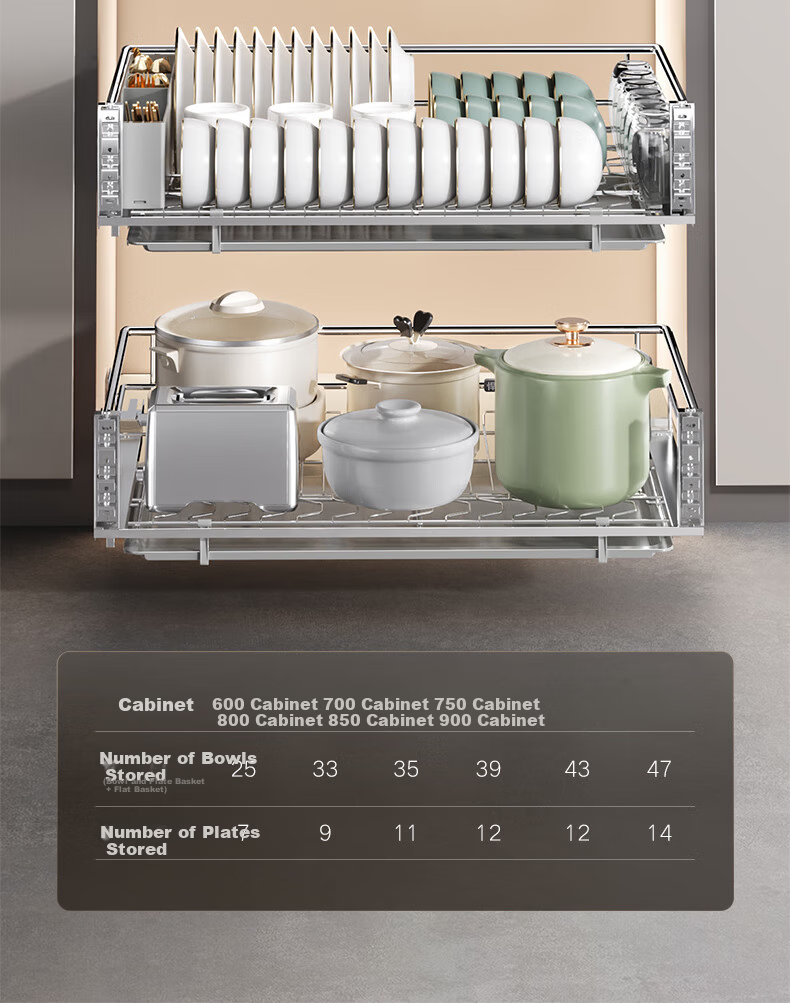 HIGOLD Fashion Series 2.0 Upgraded 304 Solid Round Steel Kitchen Bowl Rack Drawer Bowl Basket for 600 Cabinet 12