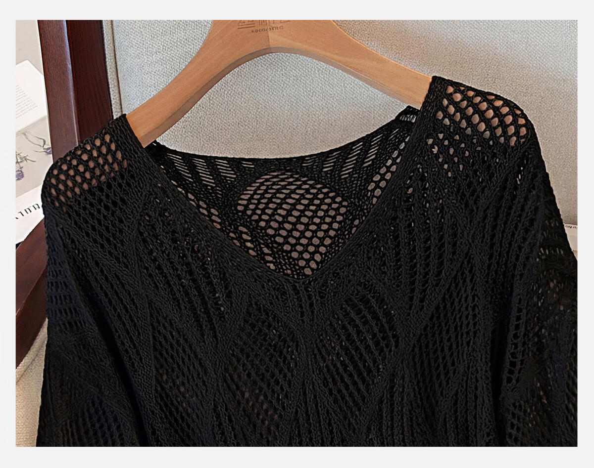 Cypress V-Neck Knit Sweater 2026 Spring New Women's Literary Style Pullover Hollow Out Three-Quarter Sleeve Top 14