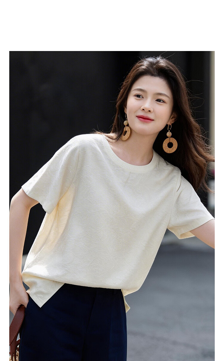 Demana Minimalist Light Summer Simple Knit Textured Round Neck Lightweight Loose Short Sleeve Shirt for Women 14
