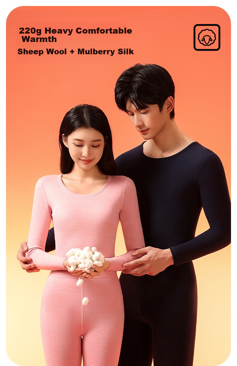 MINISO Men's Thermal Underwear Set Autumn Winter Wool Silk Heating Fleece Crew Neck Top and Bottom 1