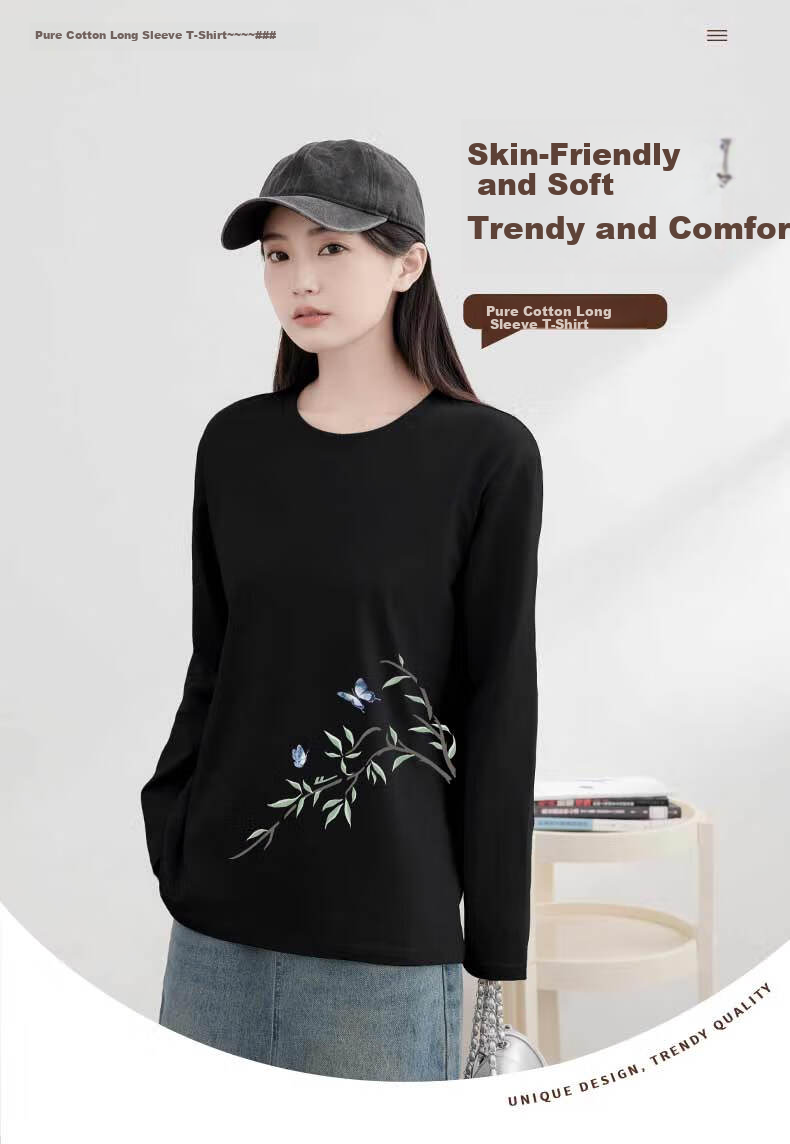 Warrior Women's Pure Cotton Long Sleeve T-Shirt 2026 Spring Black Petite Loose Slim Fit National Style Base Layer Top 1