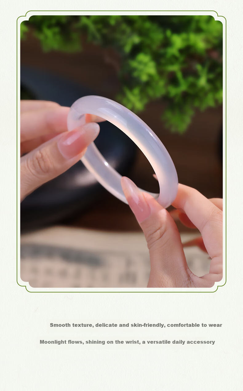 CHOW TAI SENG White Moonlight Chalcedony Bracelet Natural Translucent New Chinese Style Jade Bangle Birthday Gift for Girlfriend and Mom 11