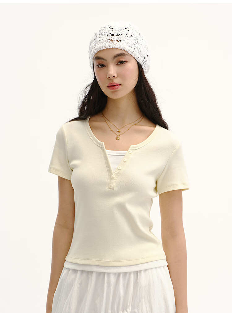Semir Mall Style | Women's Summer Short Sleeve T-Shirt, Short Colorblock Fake Two-Piece, 2026 Shoulder Top 101326100004 24