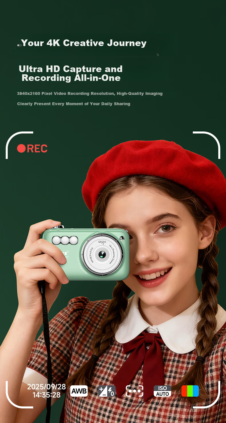 Aigo Patriot V1 New Flagship Dual Camera Selfie Student Digital Camera Birthday Gift for Girls Entry-Level Campus HD Travel Alternative CCD White 64GB 8