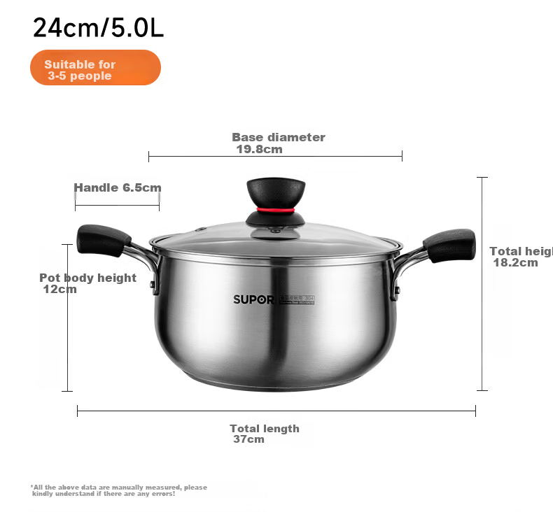 SUPOR Small Red Circle 304 Stainless Steel Soup Pot, Milk Pot, Noodle Cooking Pot, 24cm Noodle Cooking Pot with Reinforced Bottom, Compatible with Induction Cooker ST24H1 27