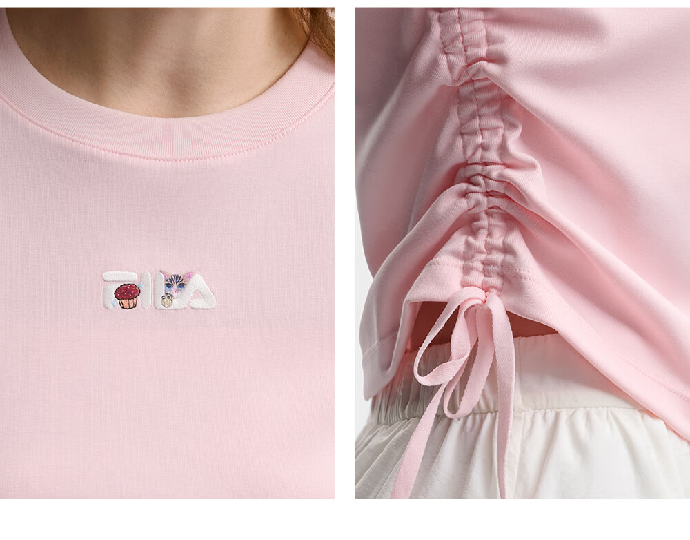 FILA Yang Mi Same Style Knitted Short Sleeve Shirt Women 2026 Summer Side Drawstring Fashion Casual Embroidered Logo Slim T-Shirt 57