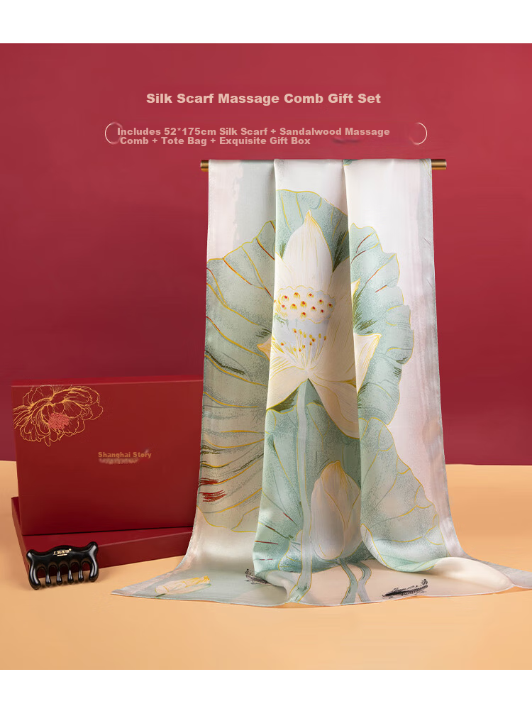 Shanghai Story Silk Scarf for Women with Ebony Wood Massage Comb Gift Box 100% Mulberry Silk Satin Scarf Practical Birthday Gift 3