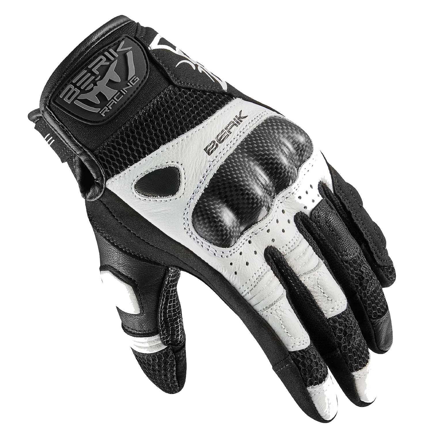 BERIK Big Eye Motorcycle Riding Gloves Summer Breathable Genuine Leather Carbon Fiber Touchscreen Shamo Black White L