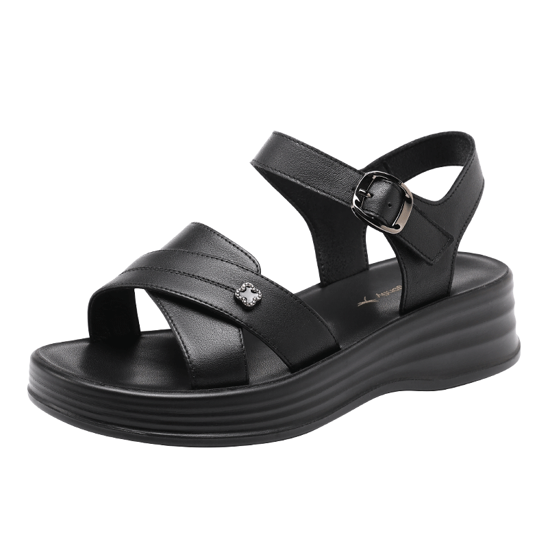 Red Dragonfly Women's Summer Sandals Thick Sole Cowhide Soft Sole Mom Shoes Middle-aged and Elderly Commuter Beach Shoes WTK265001 Black Size 37