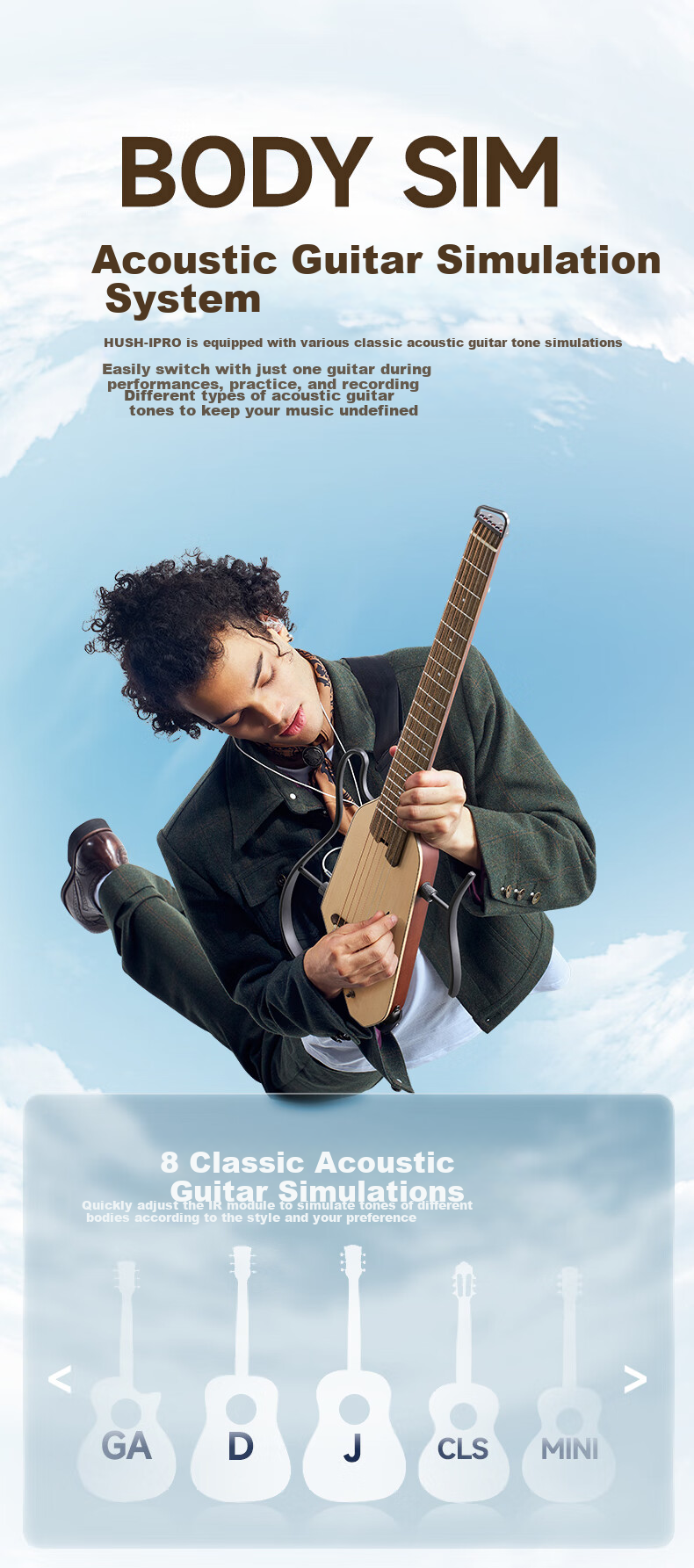 DONNER HUSH-I Pro Silent Acoustic Guitar Pro Portable Smart Folk Guitar Sunset Color 13