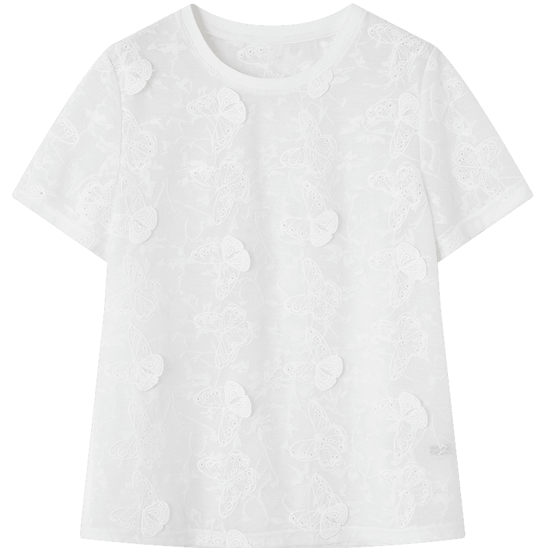 Demana [Seven Parts Sweet] Summer Lady Style Round Neck 3D Embroidered Butterfly Slimming Concealing Petite T-Shirt Women Premium