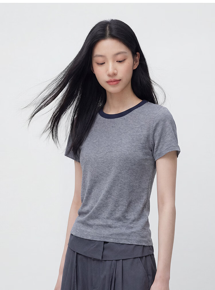 Semir Mall Same Style | Women's Summer Short Sleeve T-Shirt Color-Block Stitch Slim Fit 2026 Casual Pullover 101326100050 13