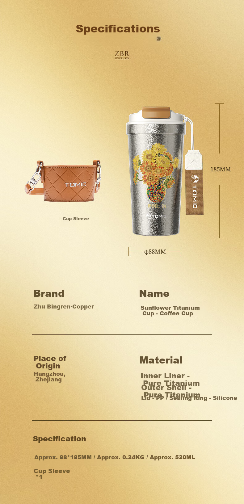 Zhubingren Copper Sunflower Titanium Cup - Coffee Cup Collaborative Portable New High-End Pure Titanium Cup 6