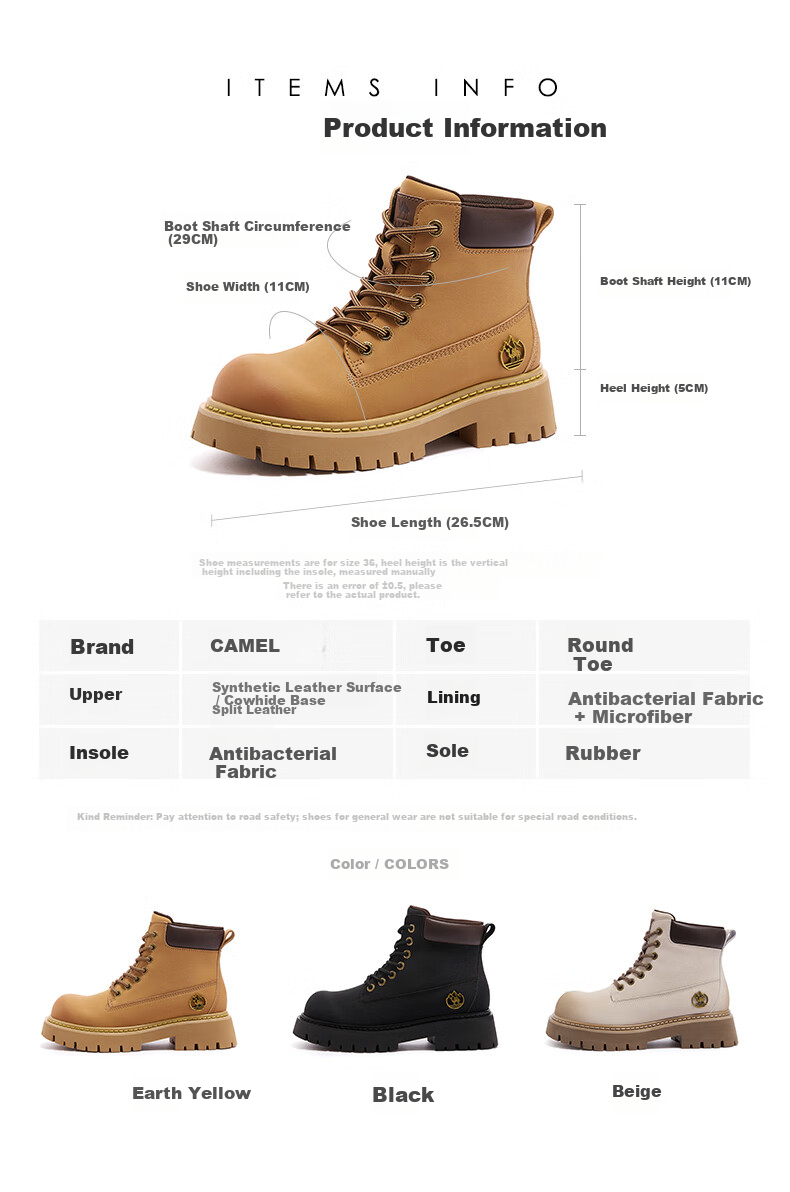 CAMEL [Shanyue] Women's Work Boots Trendy Thick-Soled Martin Boots L25W076018R Earth Yellow (Suede Lining) Size 37 36