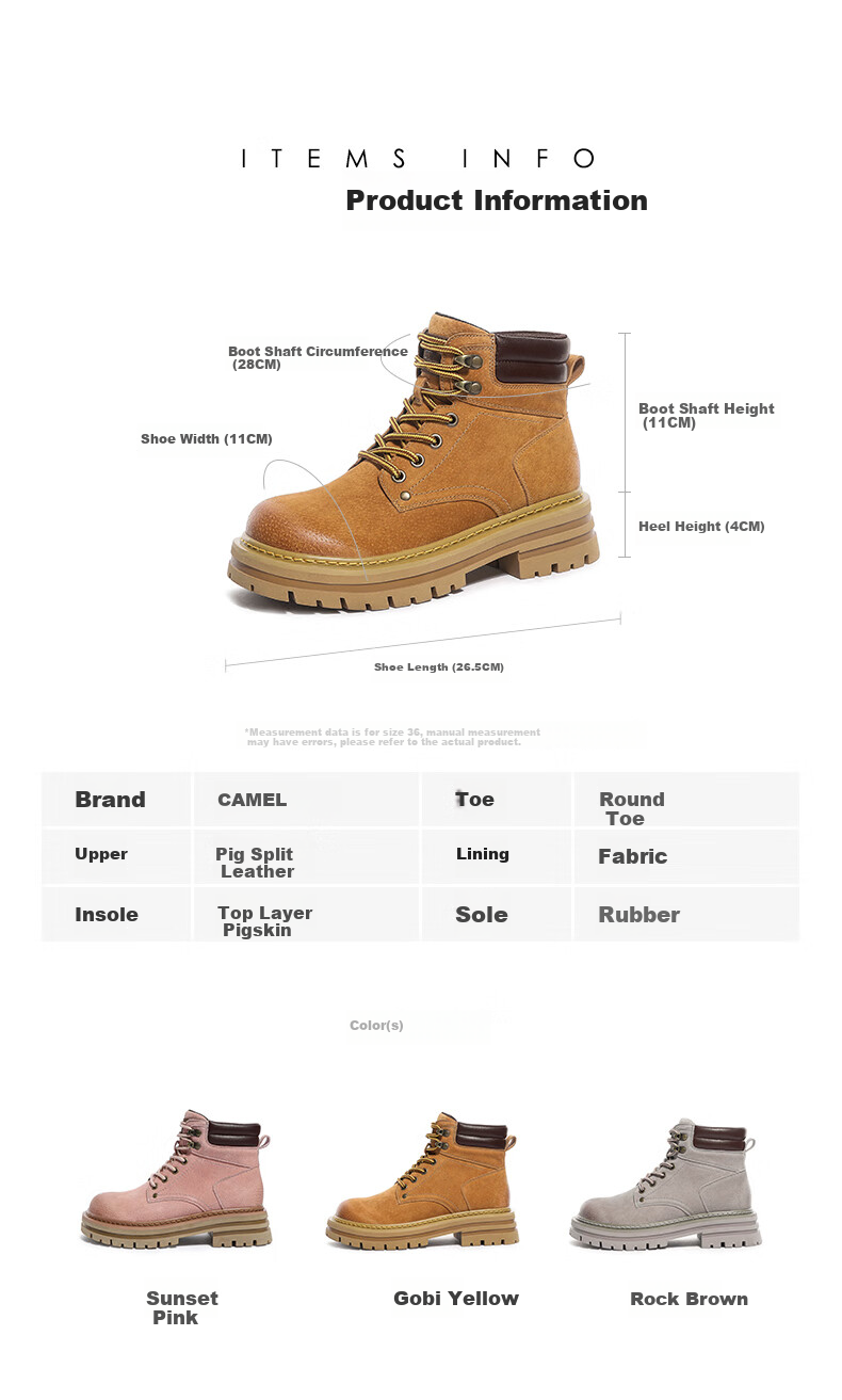 CAMEL Hill Classic Yellow Suede Martin Boots Outdoor Work Boots L23W076065 Pink Size 37 21