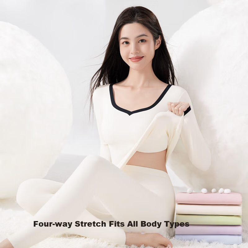 Caiyue Women's Thermal Underwear Set Antibacterial Hyaluronic Acid Heart-Shaped Neck Base Layer Fleece Medium Thickness Seagull Neck Autumn Top and Bottom