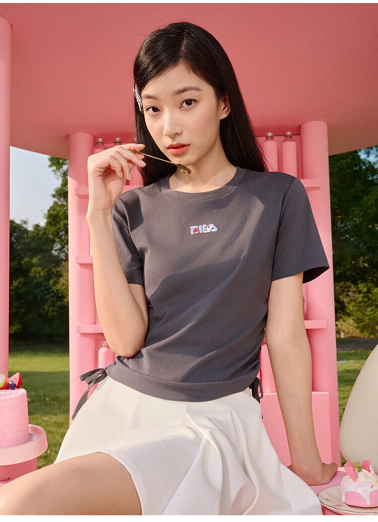 FILA Yang Mi Same Style Knitted Short Sleeve Shirt Women 2026 Summer Side Drawstring Fashion Casual Embroidered Logo Slim T-Shirt 17
