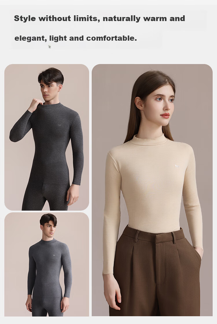 MiiOW [Wool Silk Mid-Neck] Women's Thermal Underwear Set, Fleece-Lined Thick Autumn Top And Bottom Base Layer Warm Set 10