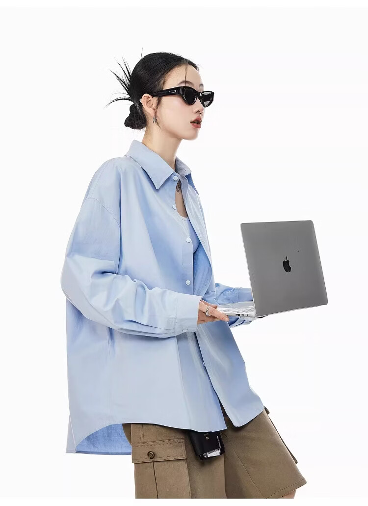 ICH MODE Blue Long Sleeve Women's Shirt Summer Loose Casual Blouse Versatile Trendy Top Jacket Blue S 22