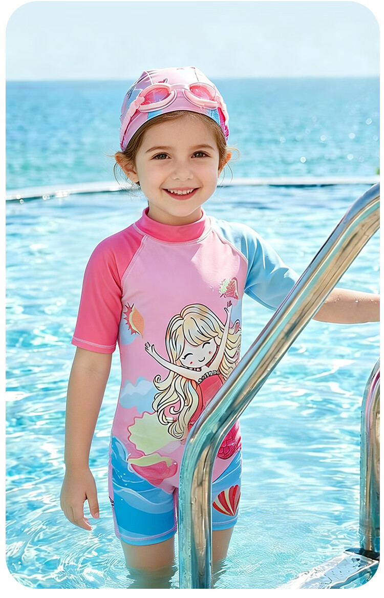 9i9 Kids Girls One-Piece Hooded Mermaid Fairy Tale Sun Protection Quick-Dry Hot Spring Swimsuit B102 Peach Blue M 6