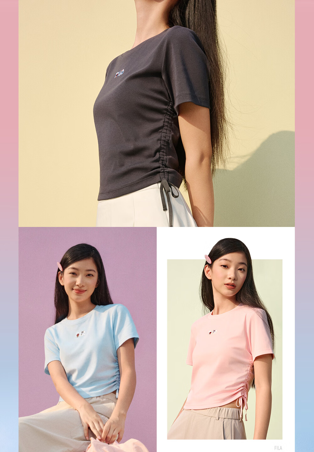 FILA Yang Mi Same Style Knitted Short Sleeve Shirt Women 2026 Summer Side Drawstring Fashion Casual Embroidered Logo Slim T-Shirt 12