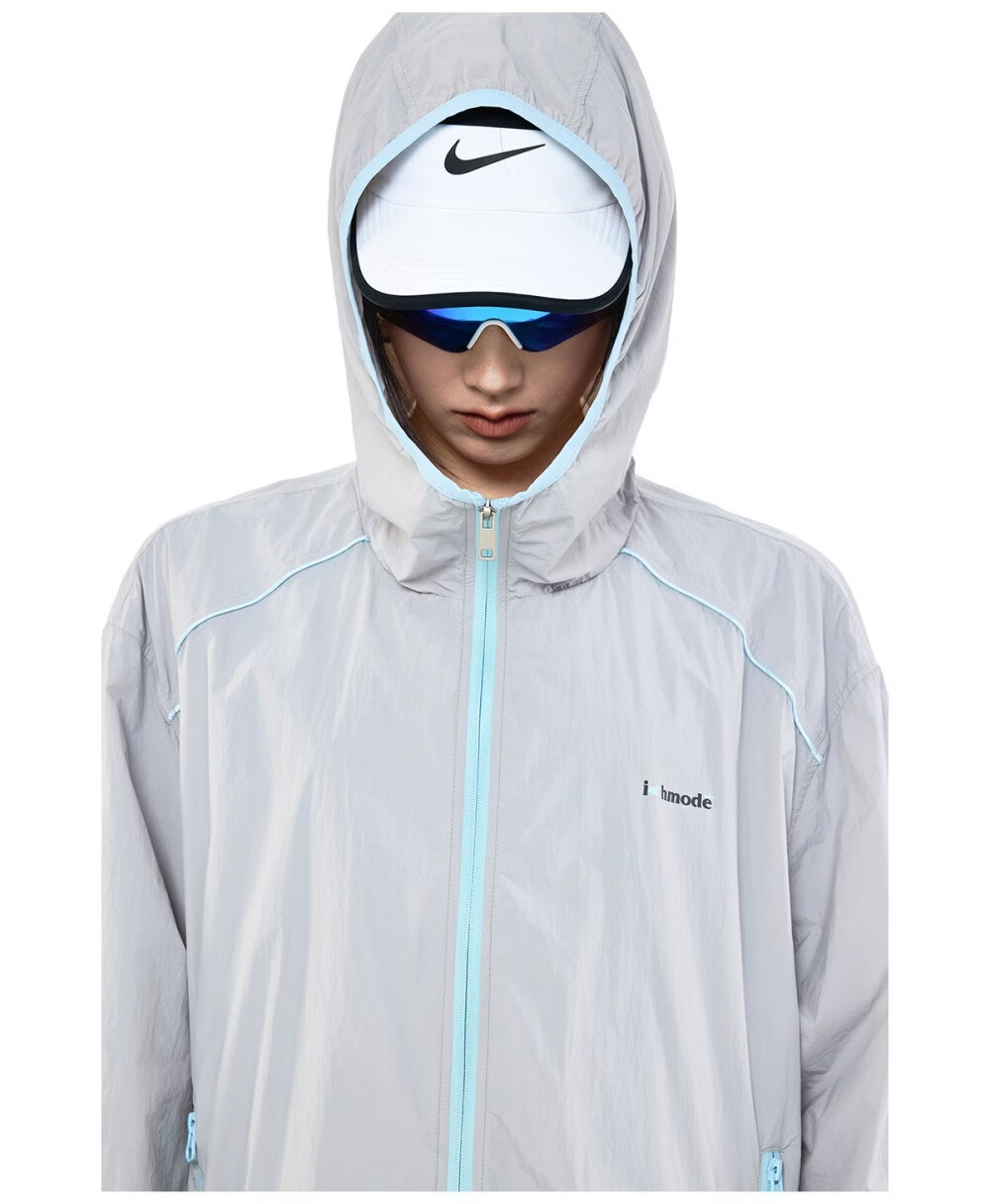 ICH MODE Colorblock Physical Sunscreen Jacket Women Spring Summer New Hooded UV Protection Coat Light Blue M 16