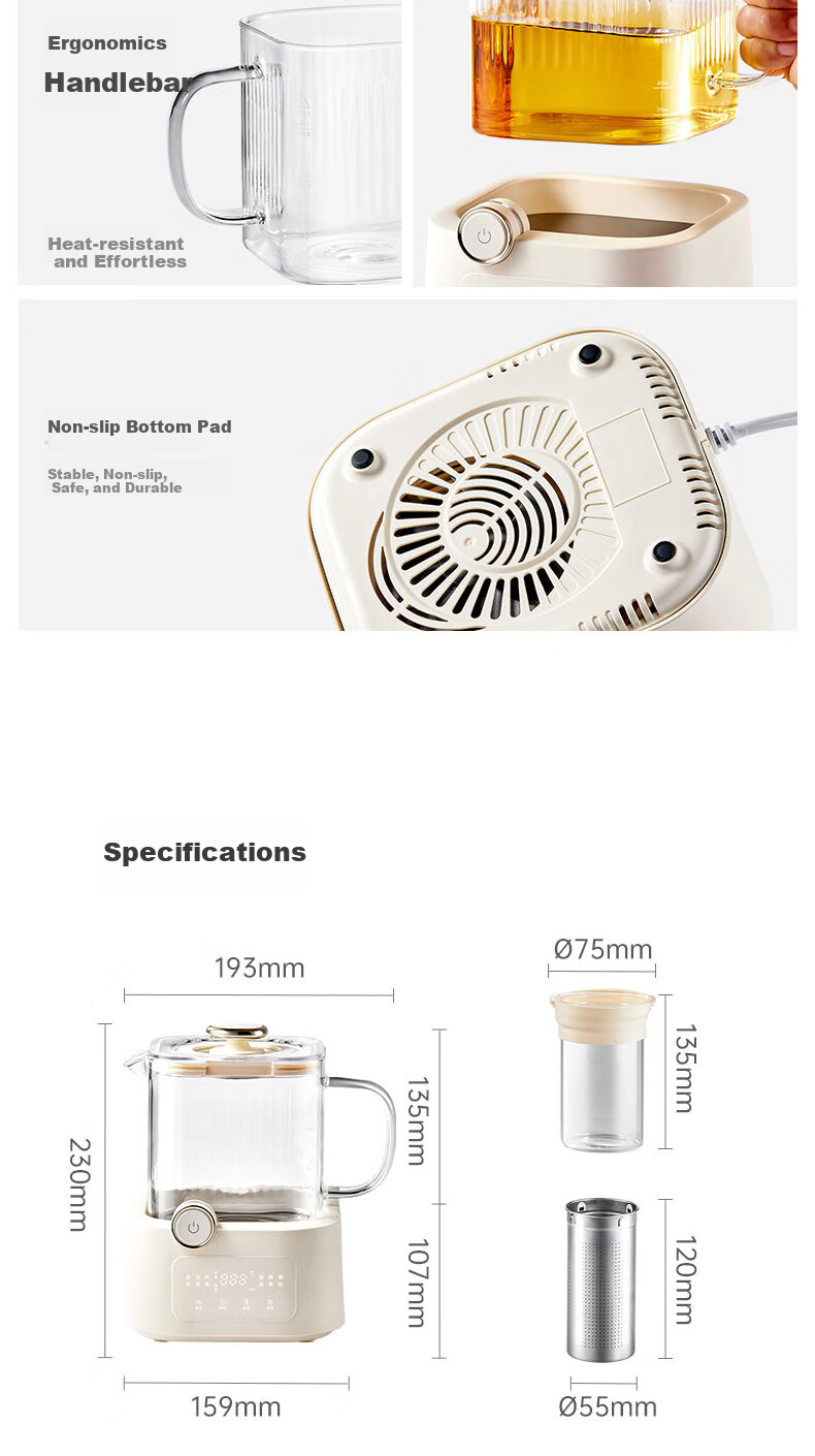 BASSENS Small Square Glass Health Pot 1.2L High-Quality Tea Kettle Health Water Boiler Electric Ceramic Stove Constant Temperature Kettle Tea Maker with Filter And Tea Strainer 35
