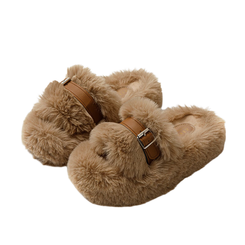 YUZHAOLIN Women's Furry Slippers Outdoor Autumn Winter Thick Sole Plush Home Cotton Slippers Men's Korean Style YO681 Khaki Size 39