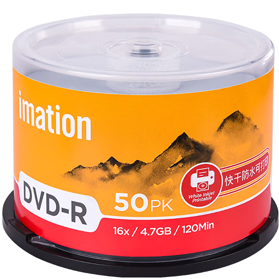 IMATION Laide DVD-R Blank Discs Quick-Dry Waterproof Printable 50-Pack 16x Speed 4.7GB High-Speed Discs for Computer Reading, Burning, Storage, Office Files, Data, Video